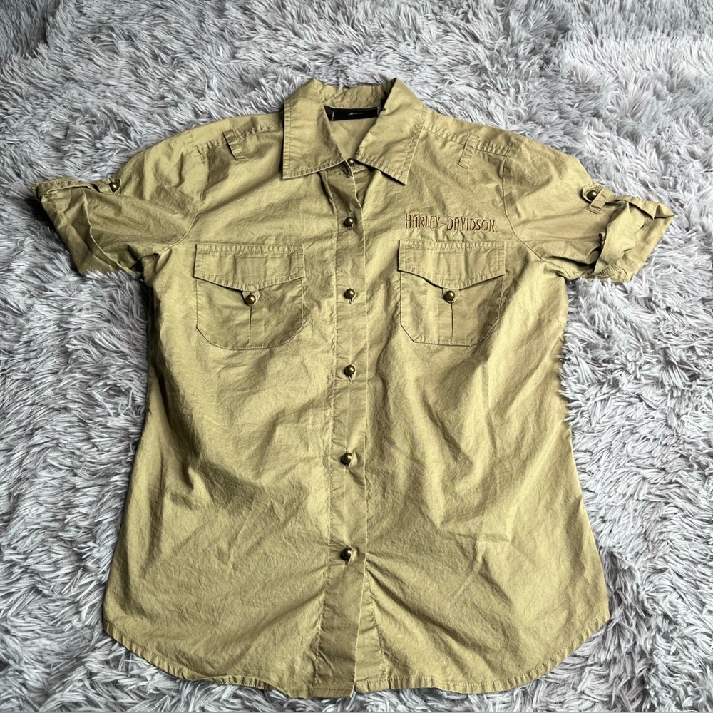 Harley Davidson Shirt Womens Small Button Up Motorcycle Spellout Green